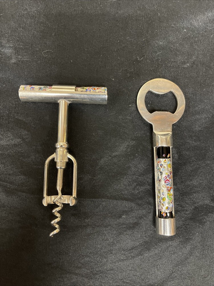 Silver corkscrew and bottle opener with blown glass insert
