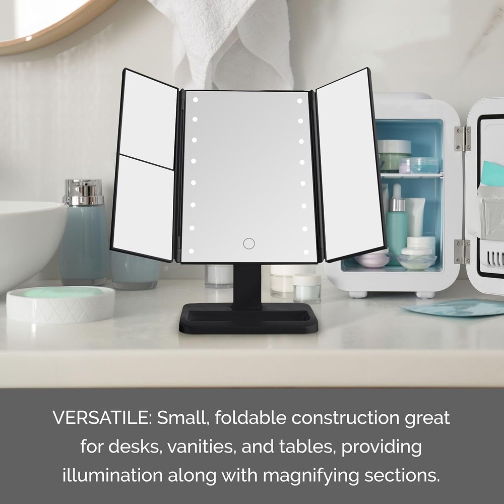MELANNCO Black Tri Fold LED Vanity Mirror, 3 Magnifications and