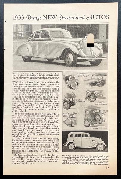 Pierce Silver Arrow “1933 Brings New Streamlined Autos” article Willys model 77