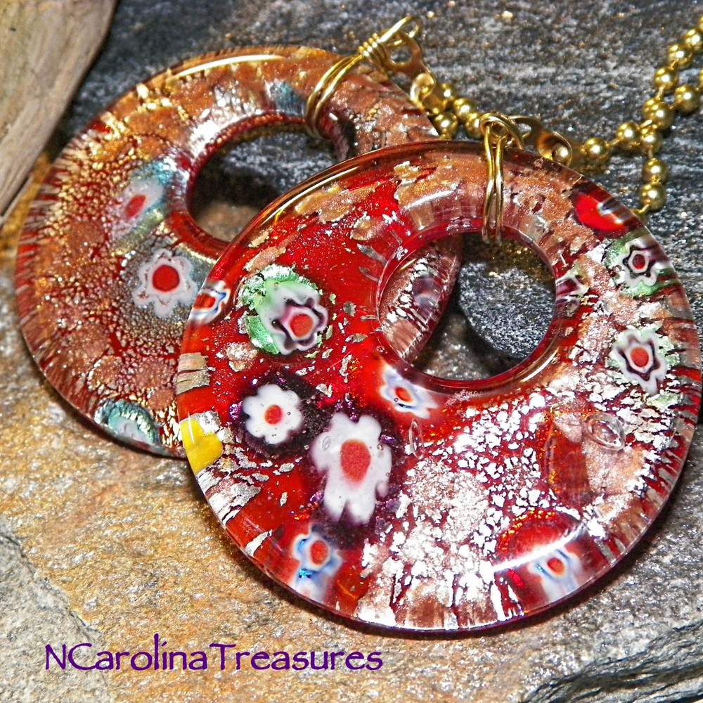 RED GLITTER CIRCLE ART GLASS CEILING FAN LIGHT SWITCH PULL CIRCULAR LARGE PAIR