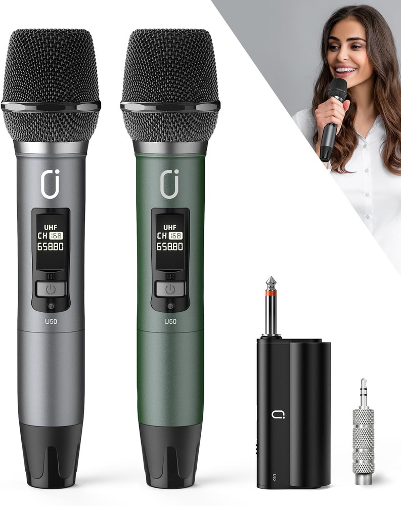 UHF Dual Wireless Microphone System for Karaoke with Rechargeable Receiver
