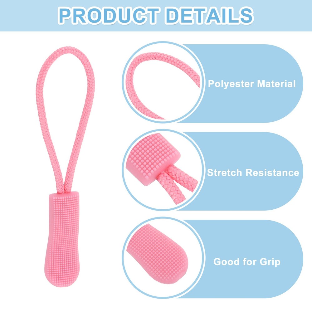 50Pcs Zipper Pulls Replacement Cord Extender, 63.3mm Pink