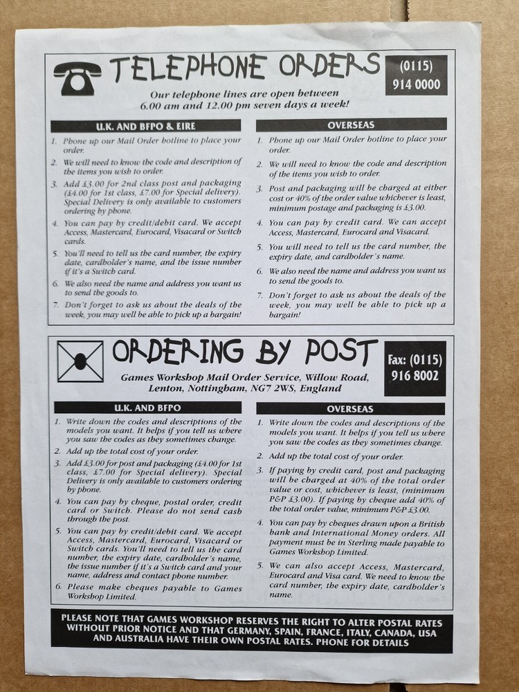 Classic Games Workshop Mail Order form & envelope - GW memorabilia- Oldhammer