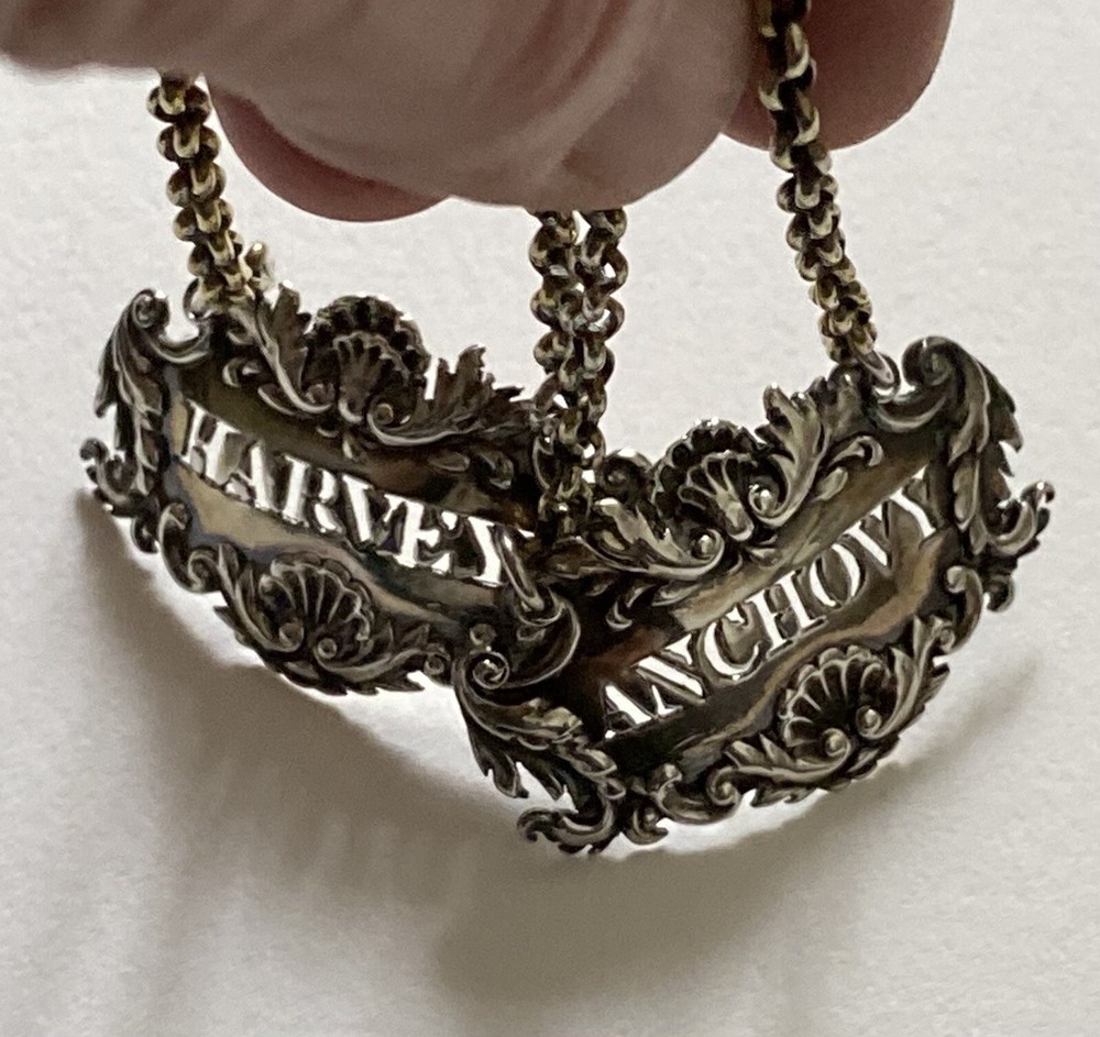 Antique SILVER BOTTLE LABLES - Pair, Harvey & Anchovy, Solid Silver (5I12)