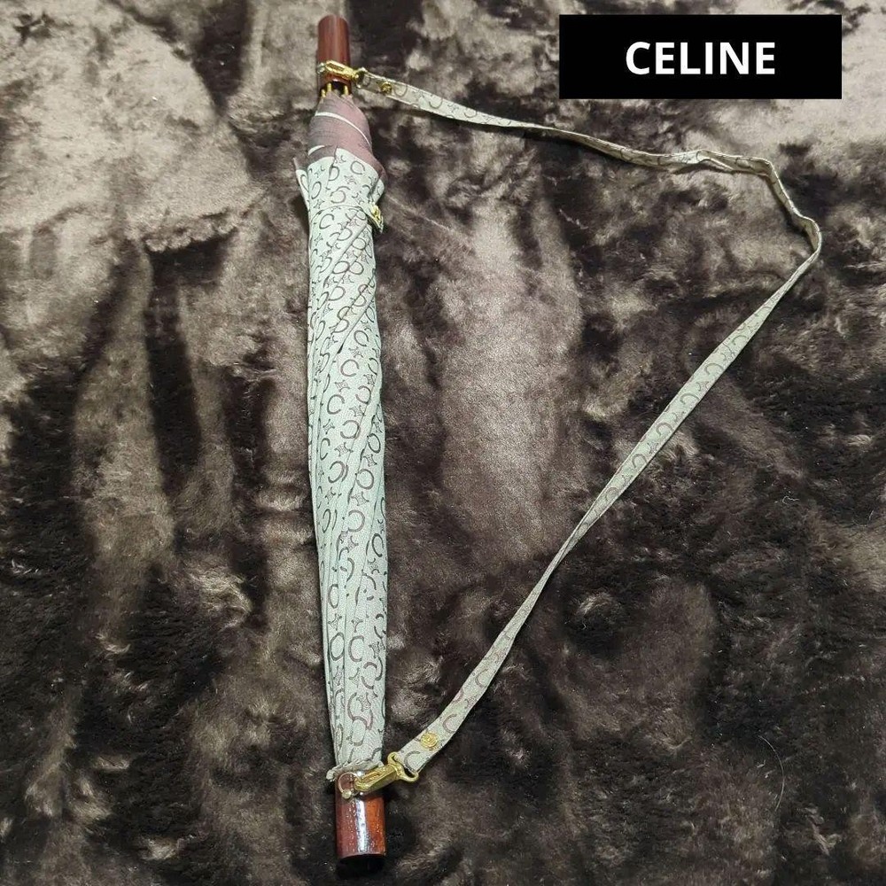 CELINE Macadam Long Umbrella Brown Wooden Handle Shoulder Strap Authentic
