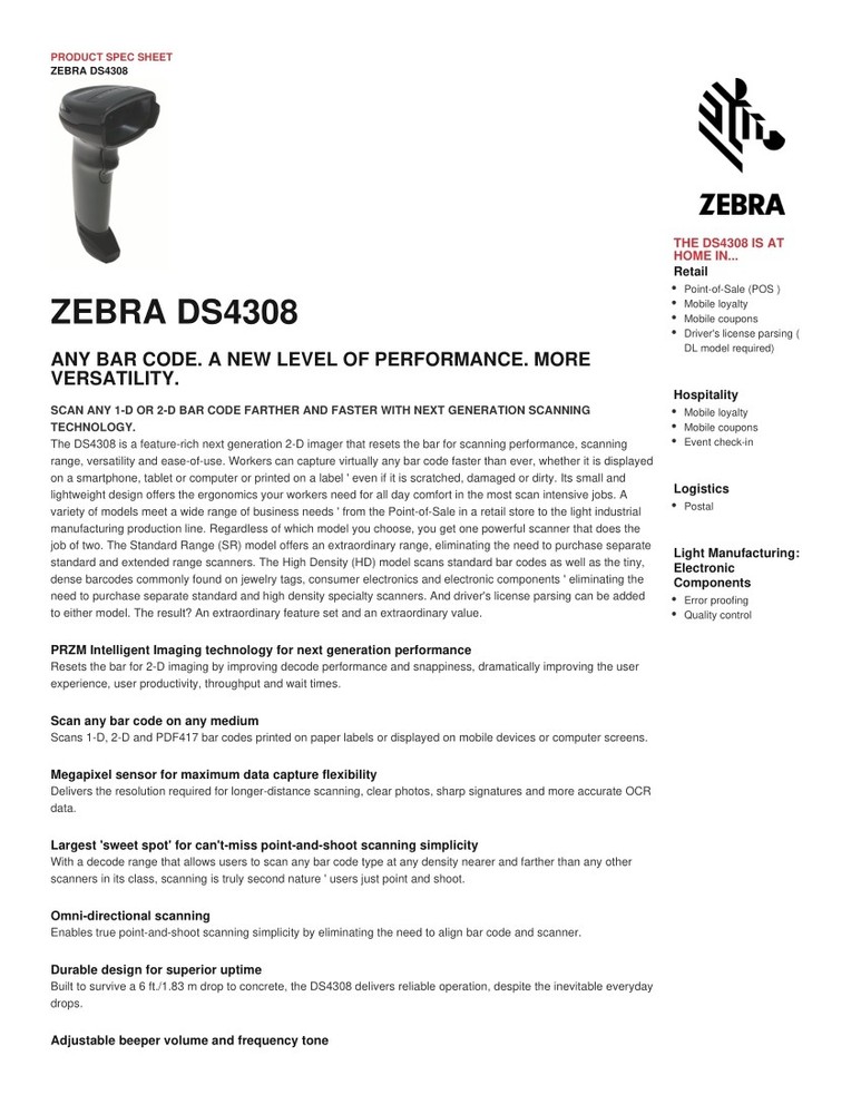 Zebra Symbol DS4308-SR00007ZZAP 1D 2D Handheld Barcode Scanner Reader USB Kit US