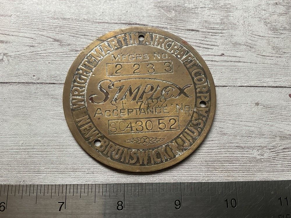 ORIGINAL WWI WRIGHT MARTIN SIMPLEX AIRCRAFT ENGINE SPEC DATA NAME PLATE