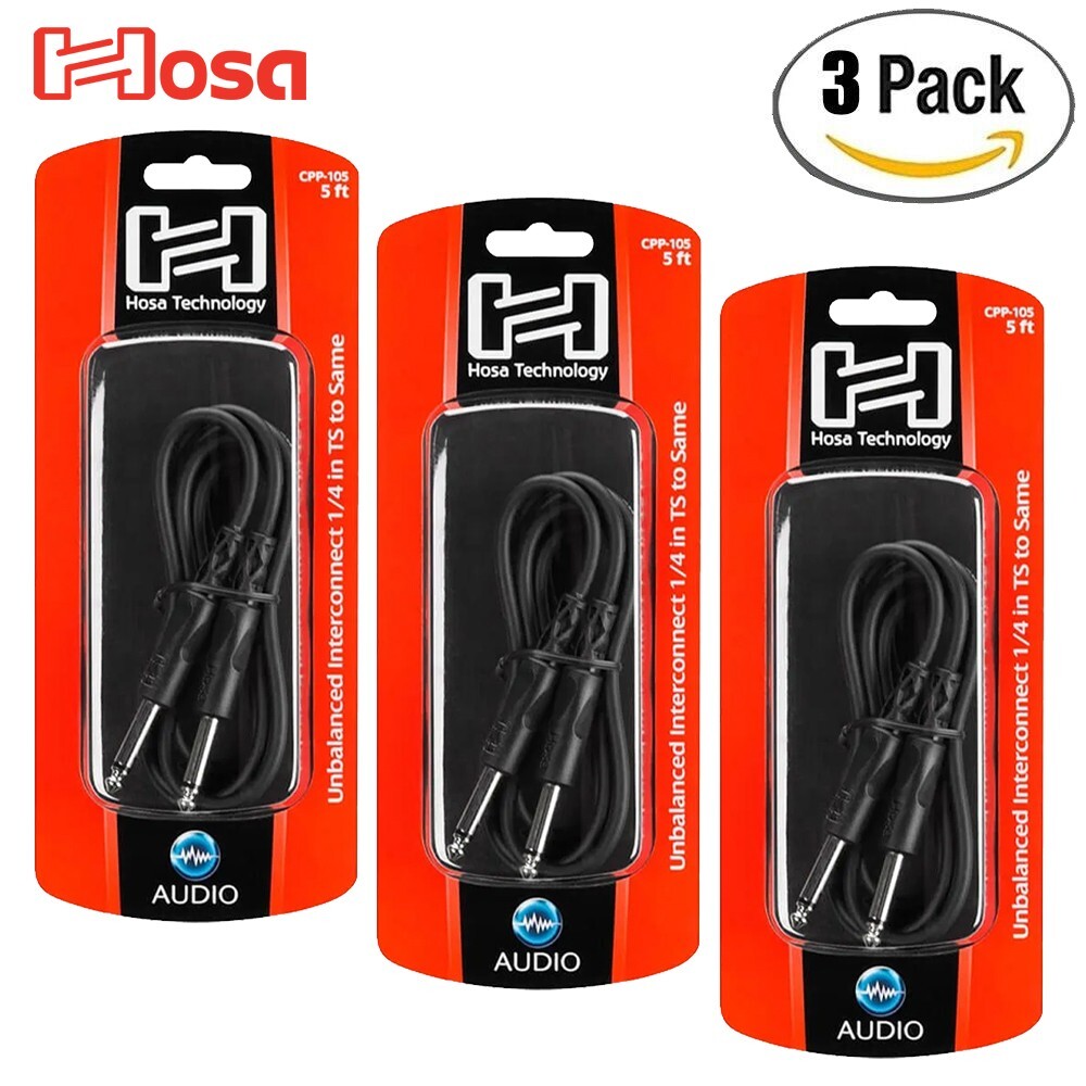 3-PACK Hosa CPP-105 5FT 1/4" TS Male to Same Unbalanced Interconnect Cable