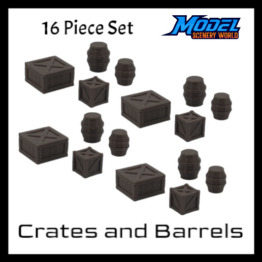 Large Barrels (8) & Crates (8) - N Scale - Brown
