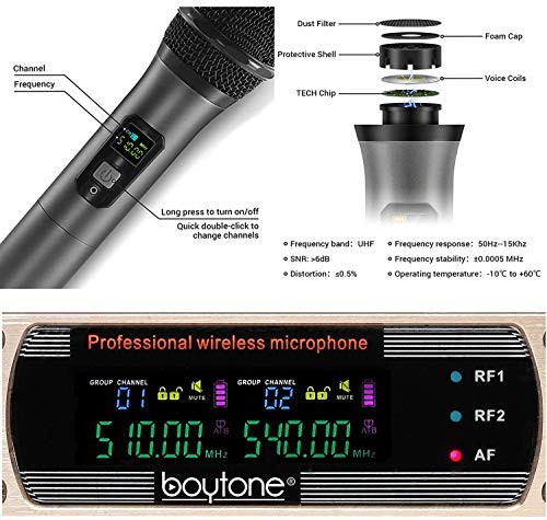 Dual Fixed Dynamic UHF Wireless Microphone System, Metal Microphone and Base,