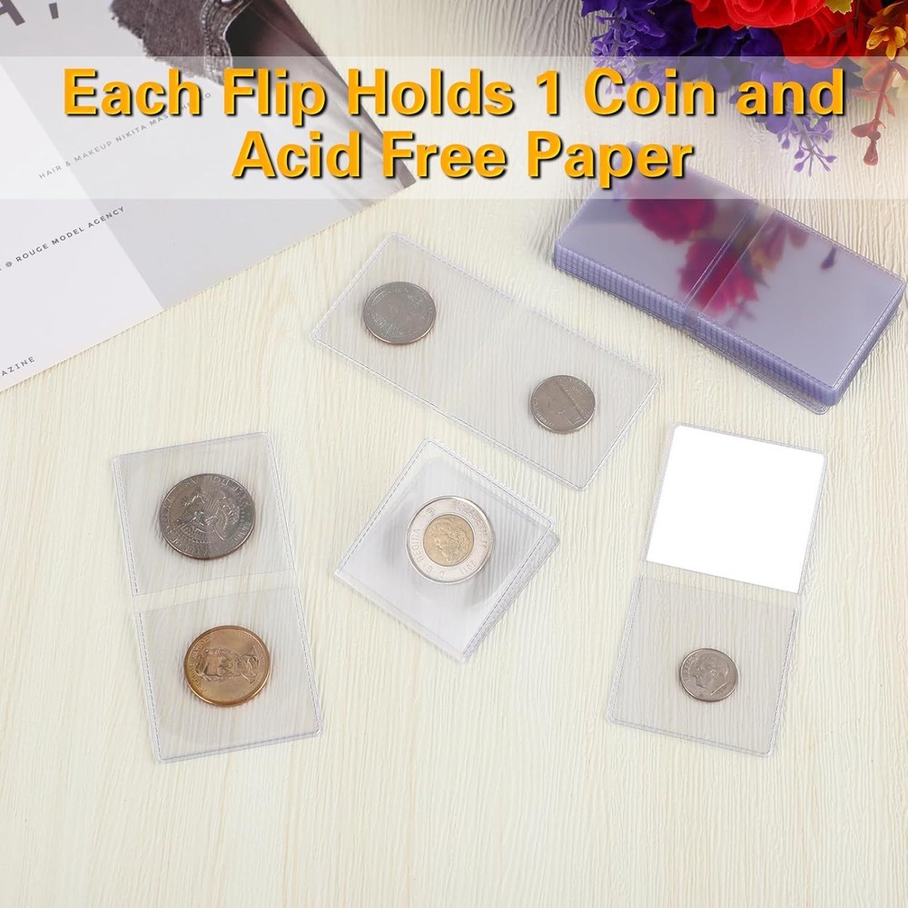 50Pack Double Pocket 2x2" Vinyl Coin Flips Storage Display -Clear Plastic Holder