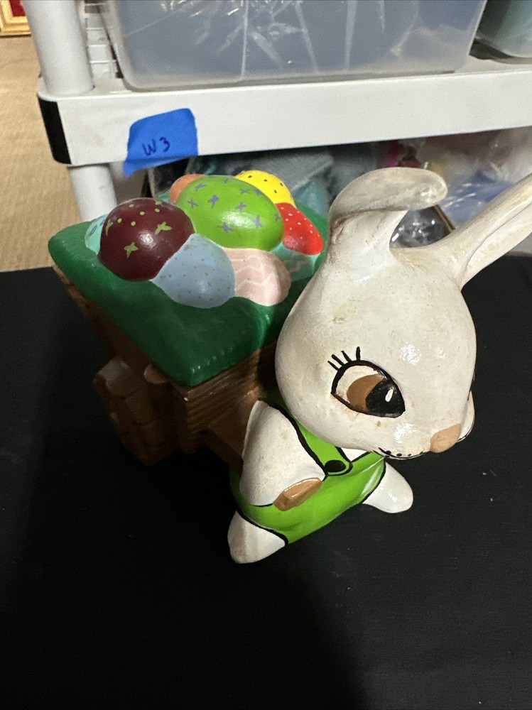 Vintage Ceramic Bunny Wagon Easter Eggs Anthropomorphic Figurine Easter Holiday