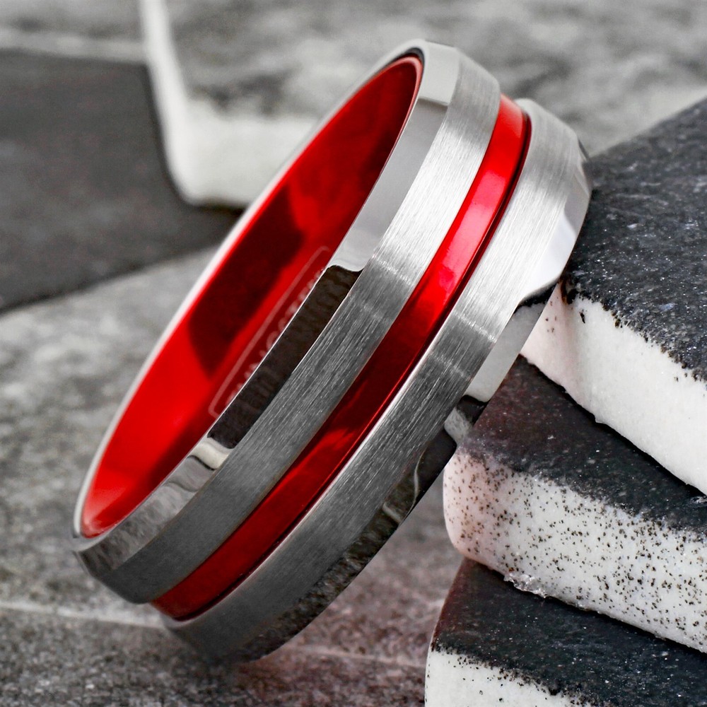 Tungsten Brushed Silver Thin Red Line Band Ring Firefighter First Responder