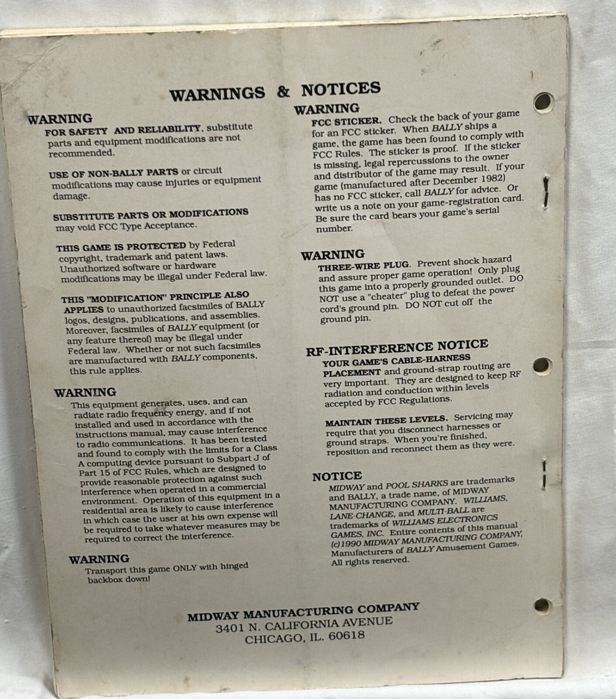 ORIGINAL-BALLY-POOL SHARKS-OPERATIONS MANUAL-OPERATOR'S HANDBOOK