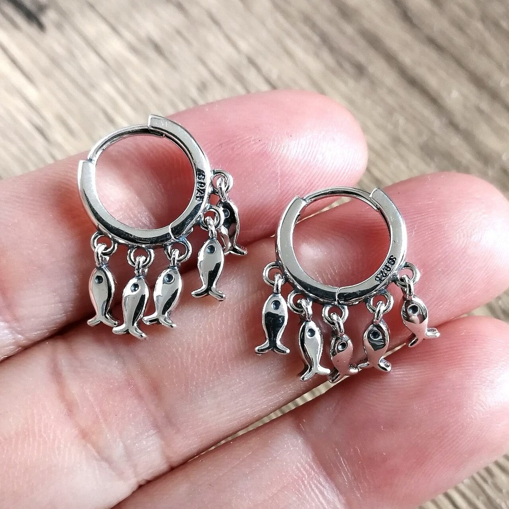 Shiny Sterling Silver Small Tiny Hoop Pierced Earrings with Dangling Small Fish