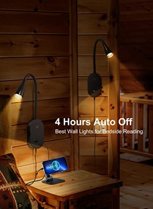 LED Wall Mount Reading Light for Bed, Reading Lamp with USB Output 5 Black