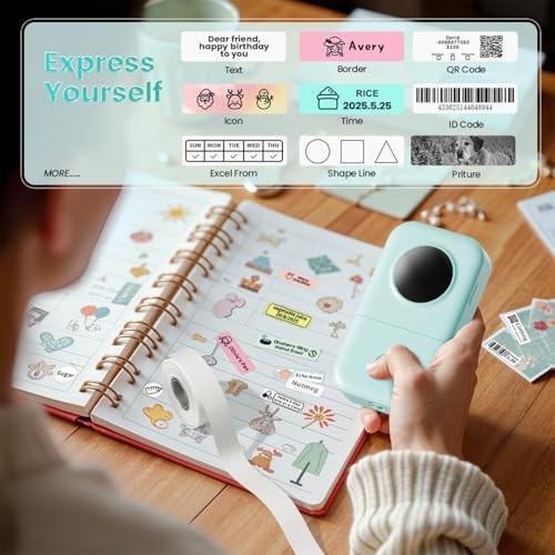 D30 Label Maker Machine, Portable Bluetooth Green 1 Printer + 1 Roll Paper
