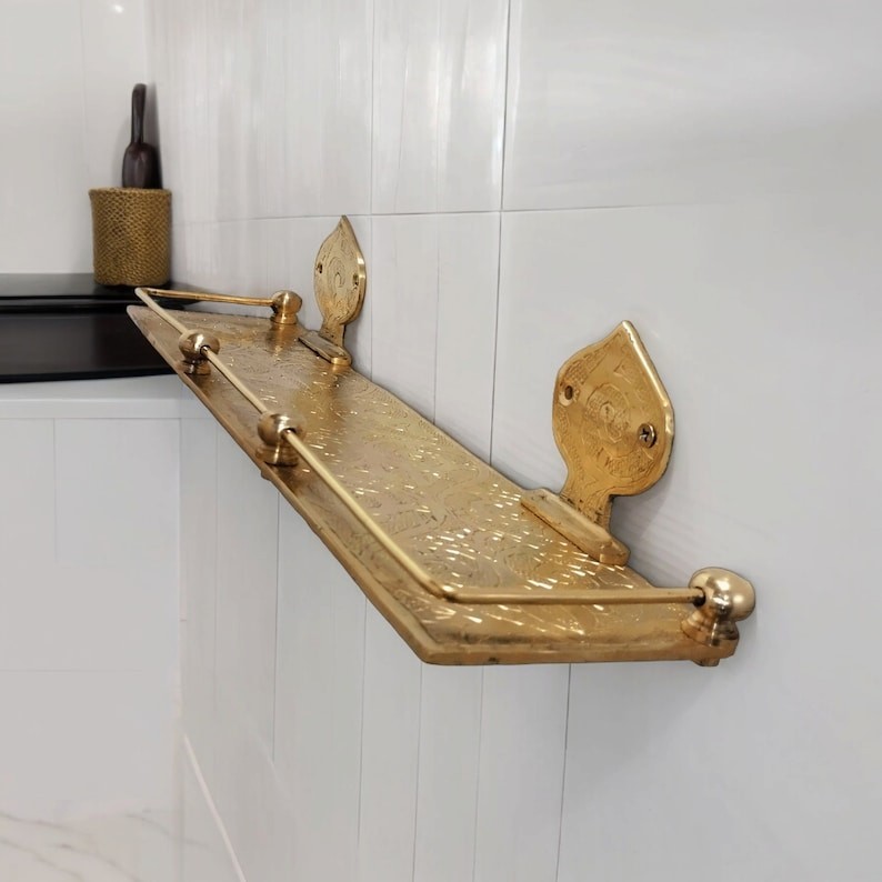 Engraved Solid Brass Wall Mounted Bathroom Shelf, Moroccan Handmade Brass Bathro