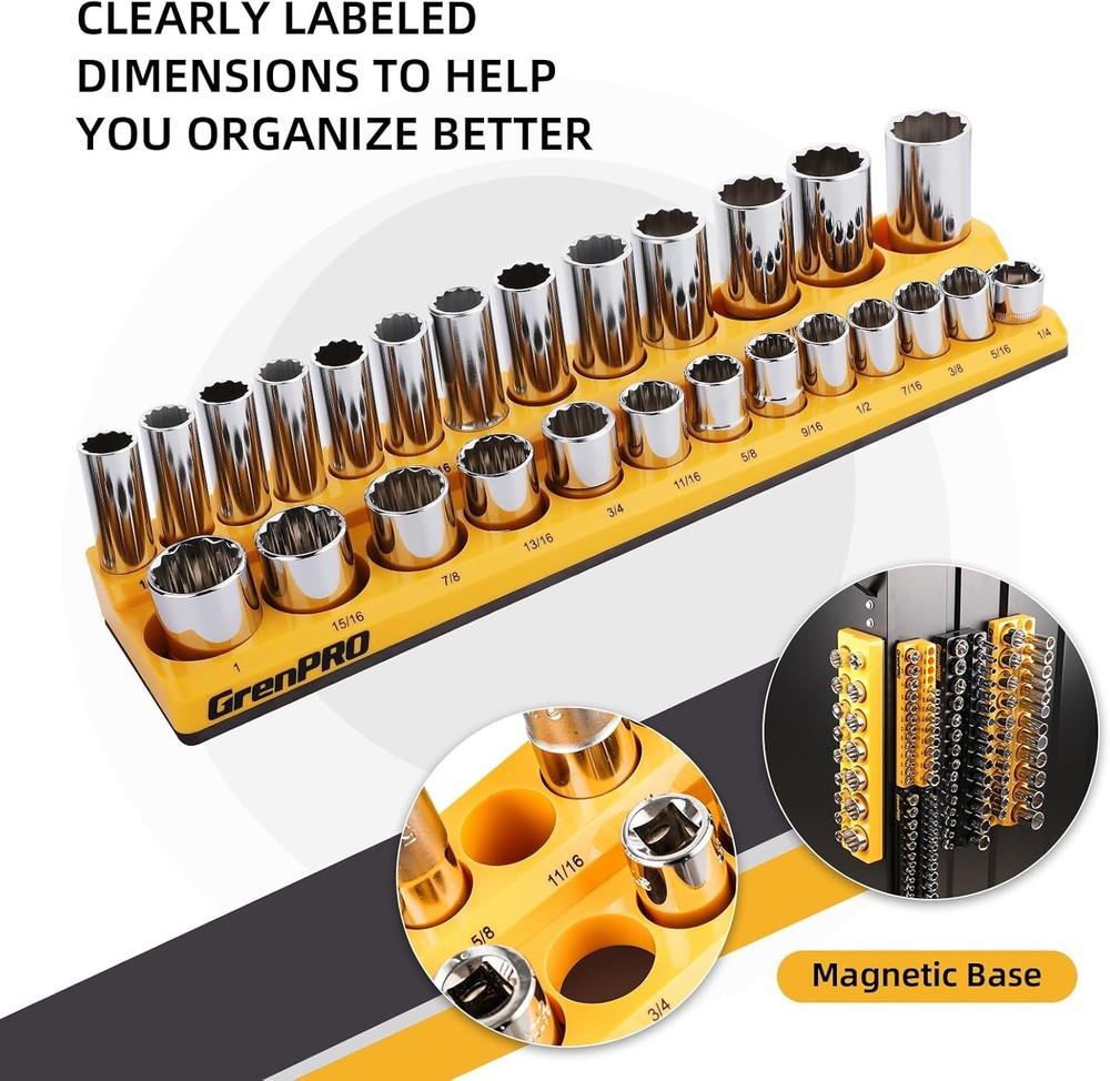 Socket Organizer for Tool Box Drawer, 6pc 143 Metric & SAE Magnetic Socket Holde