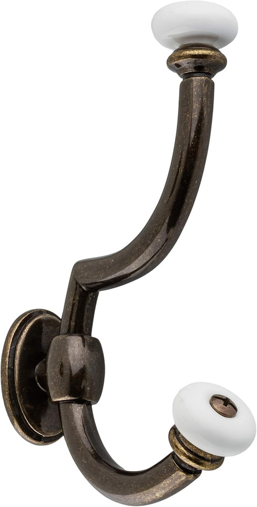 Antique Brass Hall Tree Hook with Ceramic Ball Tips - Rear Mount Double Coat Hoo