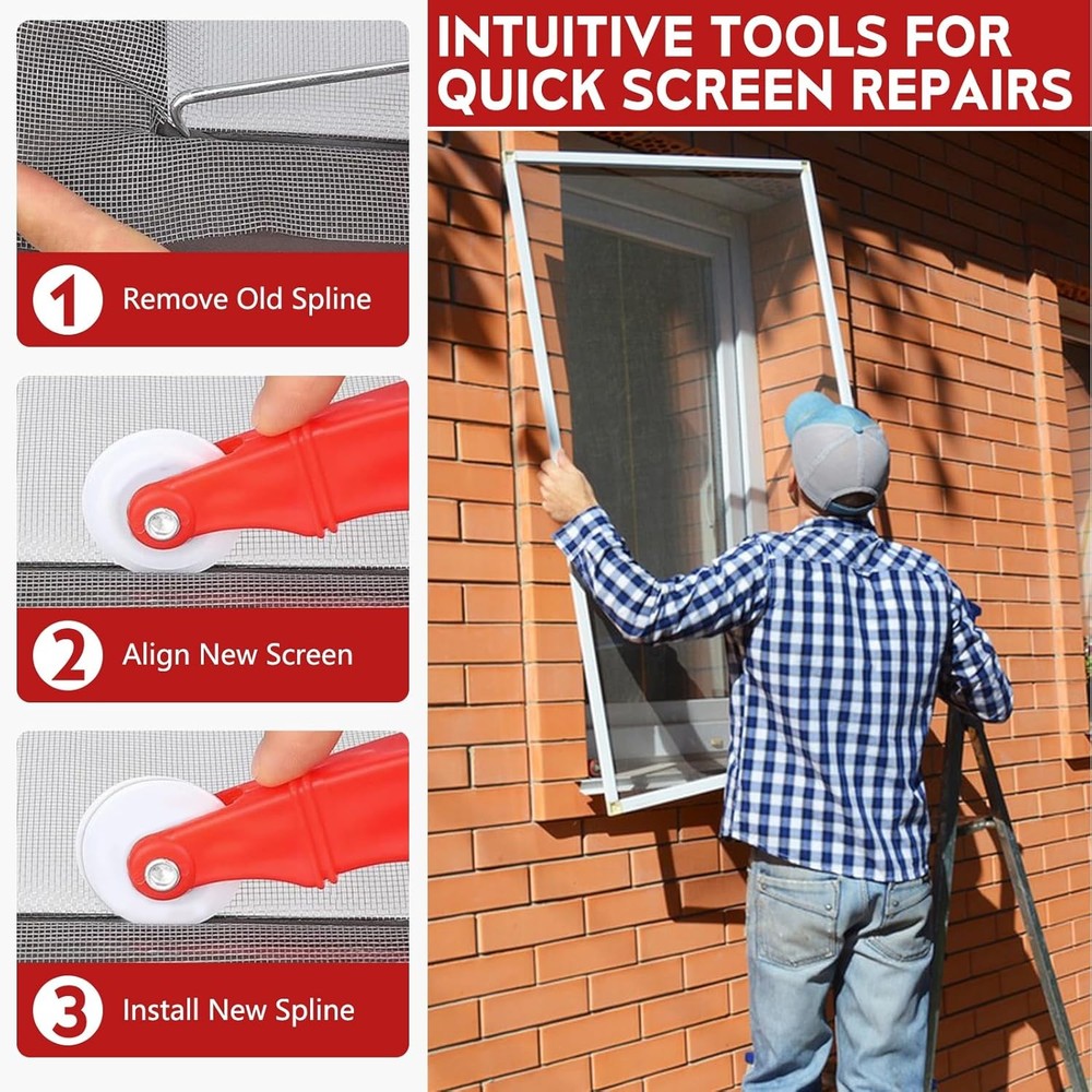 Screen Roller Tool Set with Spline Removal Hook, 2pcs Window Red Durable Screen