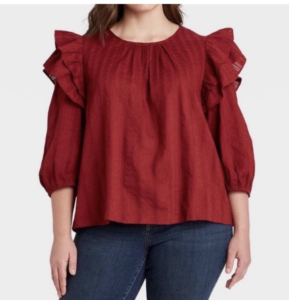 Women's 3/4 Sleeve Double Ruffle Blouse - Universal Thread - Red -Small