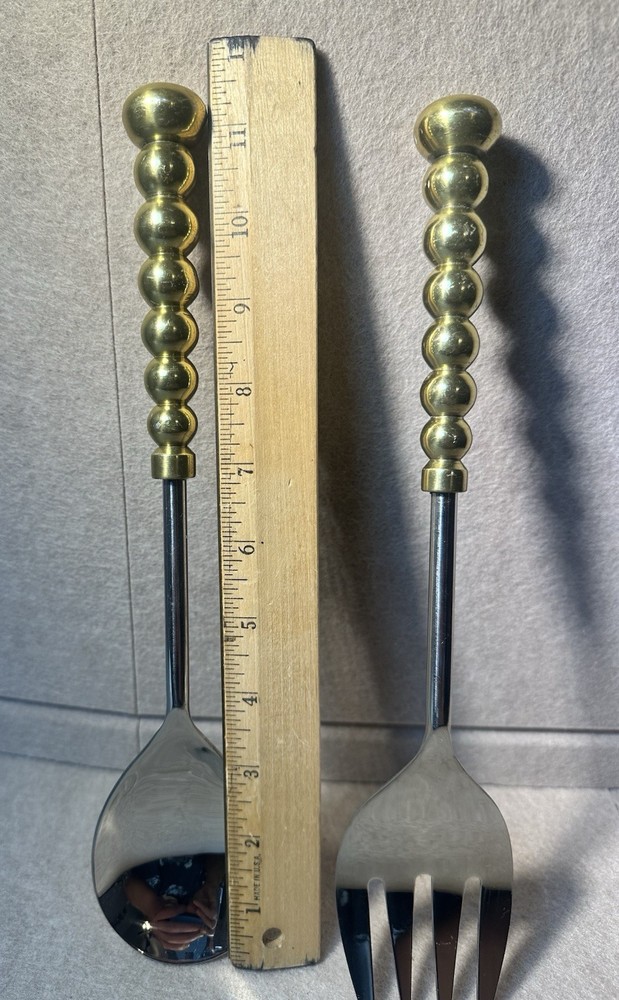 Brass Handle Salad Serving Set Fork & Spoon 11 .5"