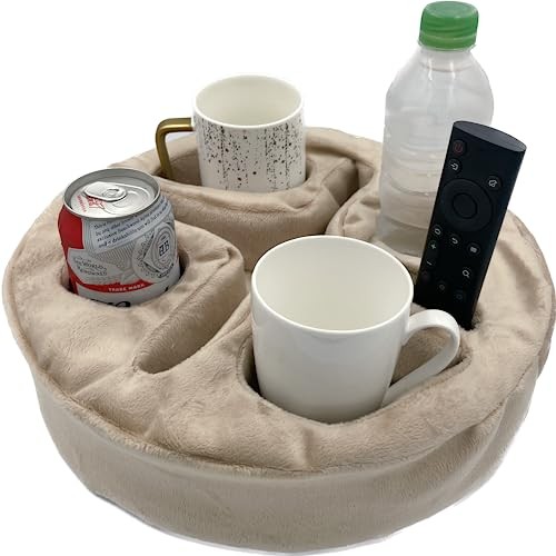 Couch and Bed Cup Holder Pillow, Sofa Organizer Caddy for Drinks, Beige