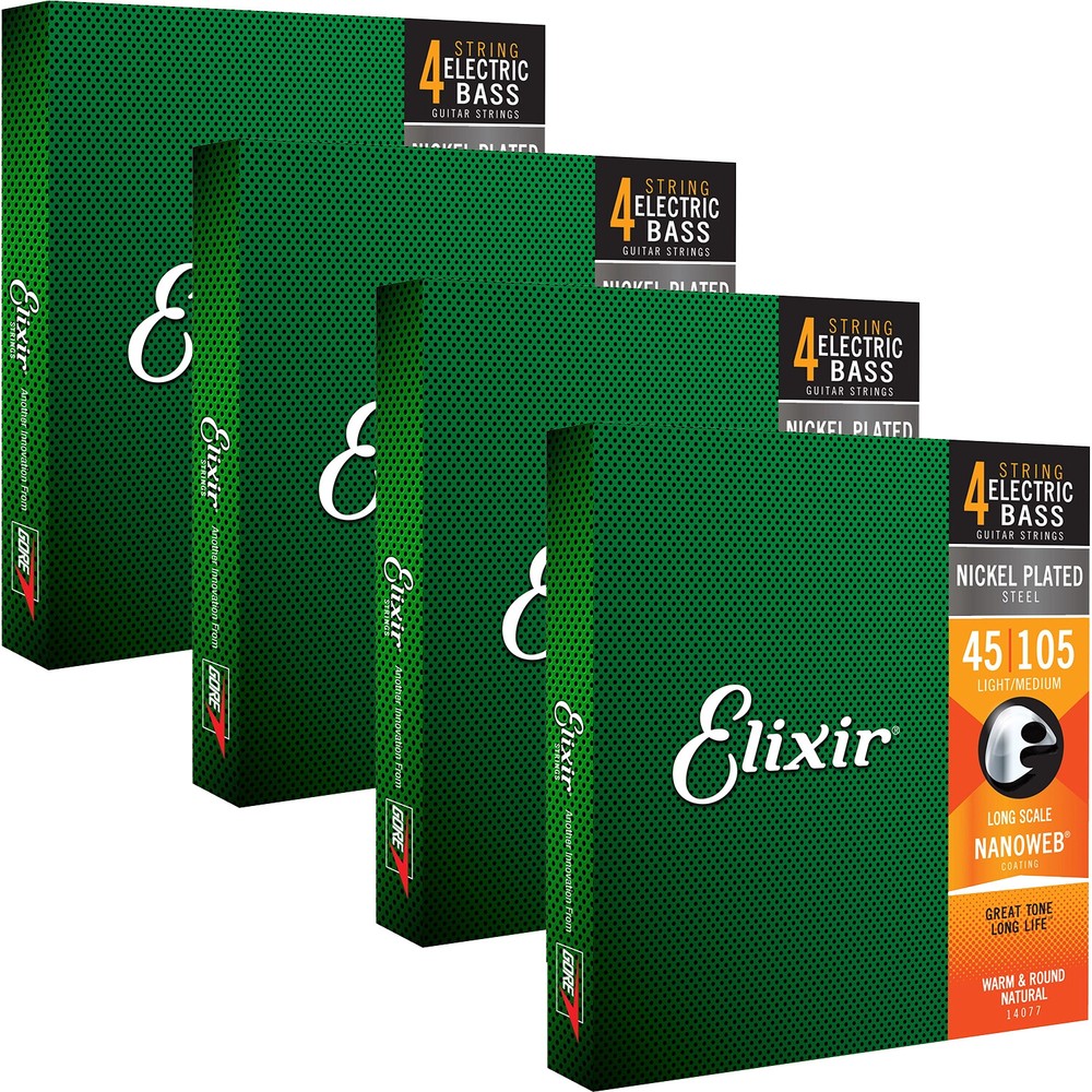 4 Sets Elixir 14077 NANOWEB Medium 4-String Electric Bass Strings- 45-105