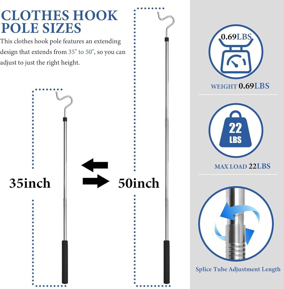 Clothes Hook Pole, Clothes Hanger Reaching Hook for Hanging Clothes Light and Pl
