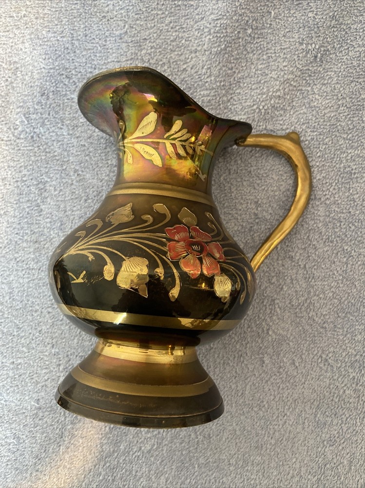 Vintage Hand-Painted copper Water Pitcher 6 “ tall