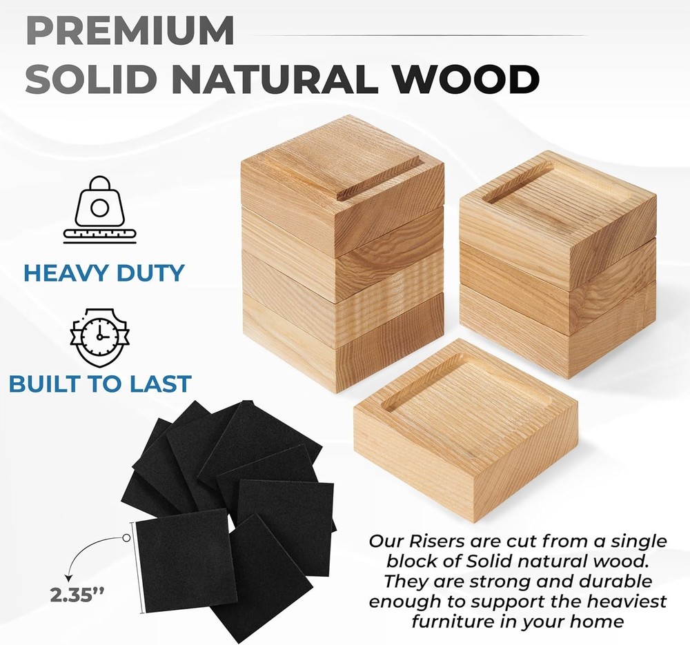 Quality Oak Bed Risers Set of 8 - Adjustable Heights for Maximum Stability
