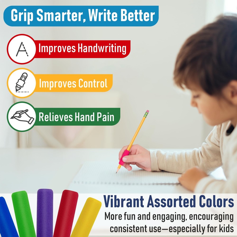 12 Count Ergonomic Foam Pencil Grip Assorted Colors Soft Comfortable Hands