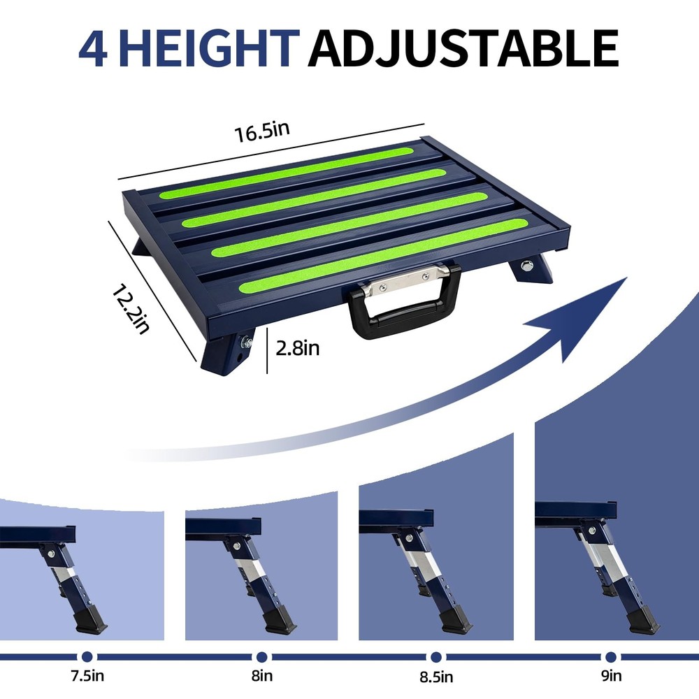 Aluminum 4Step Adjustable Folding RV Step Stool, NonSlip, 1000lb, Blue