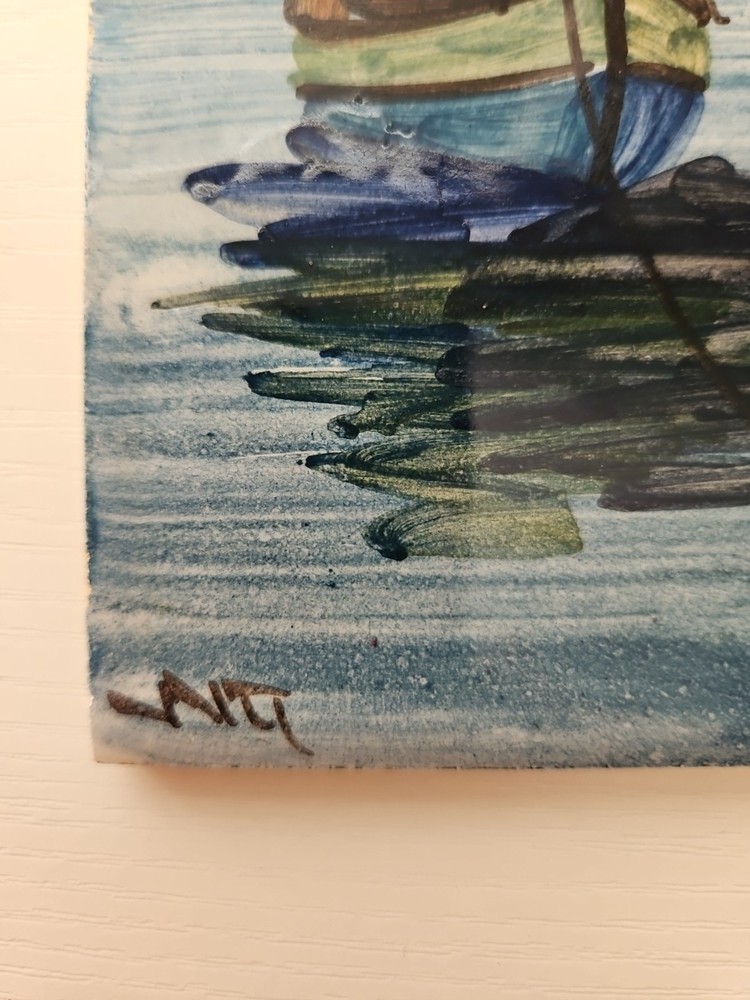 Vintage Handpainted Tile Sailboat Signed