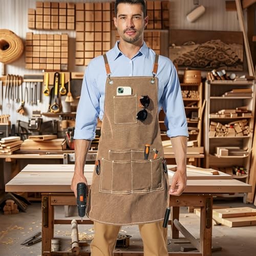 Canvas Work Apron,Cross Back Aprons for Brown