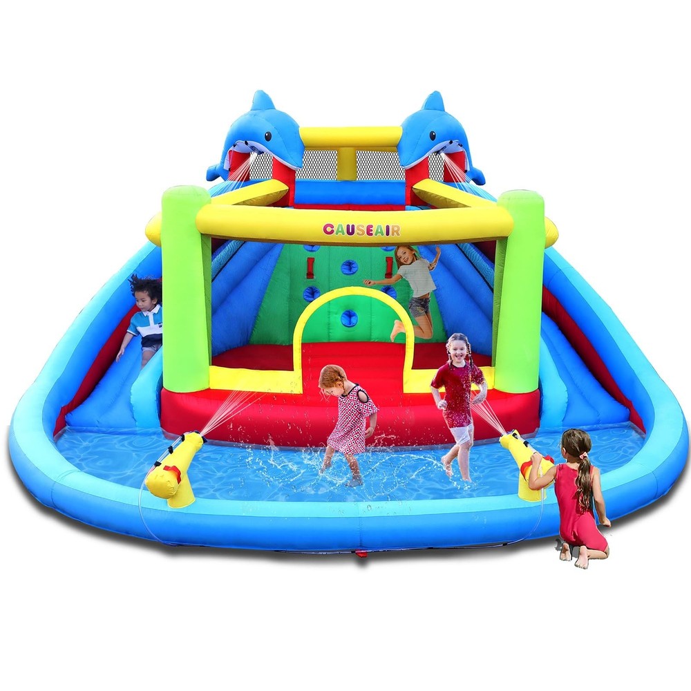 Inflatable Bounce House with Slide,Dolphin Styling,Splashing Pool,Double Wate...