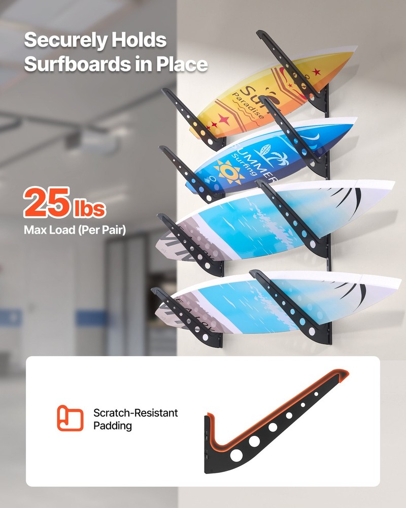 Surfboard Wall Mount 4 Tiers Horizontal Surfboard Rack for Storage Display