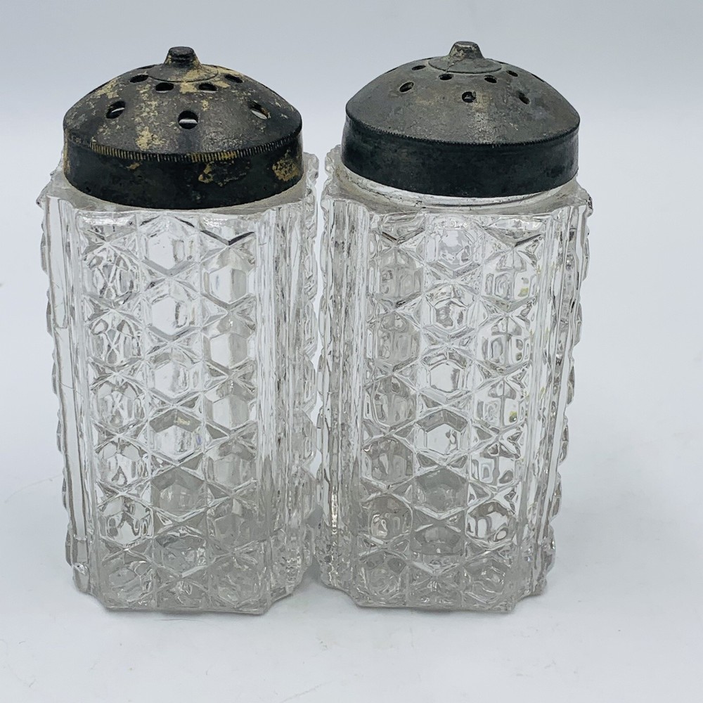 Pair EAPG Clear Glass Salt Pepper Shakers Square Diamond Hexagon Pattern