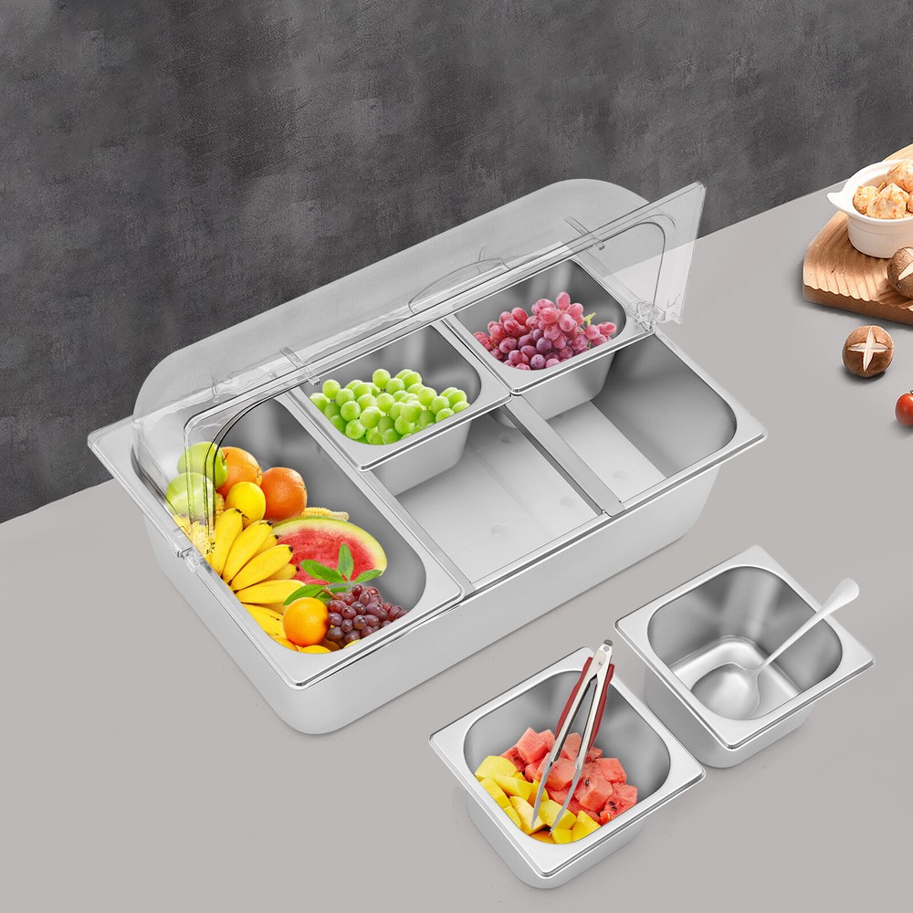 Serving Container Stainless Steel Food Serving Container w/Lid 5 Compartments