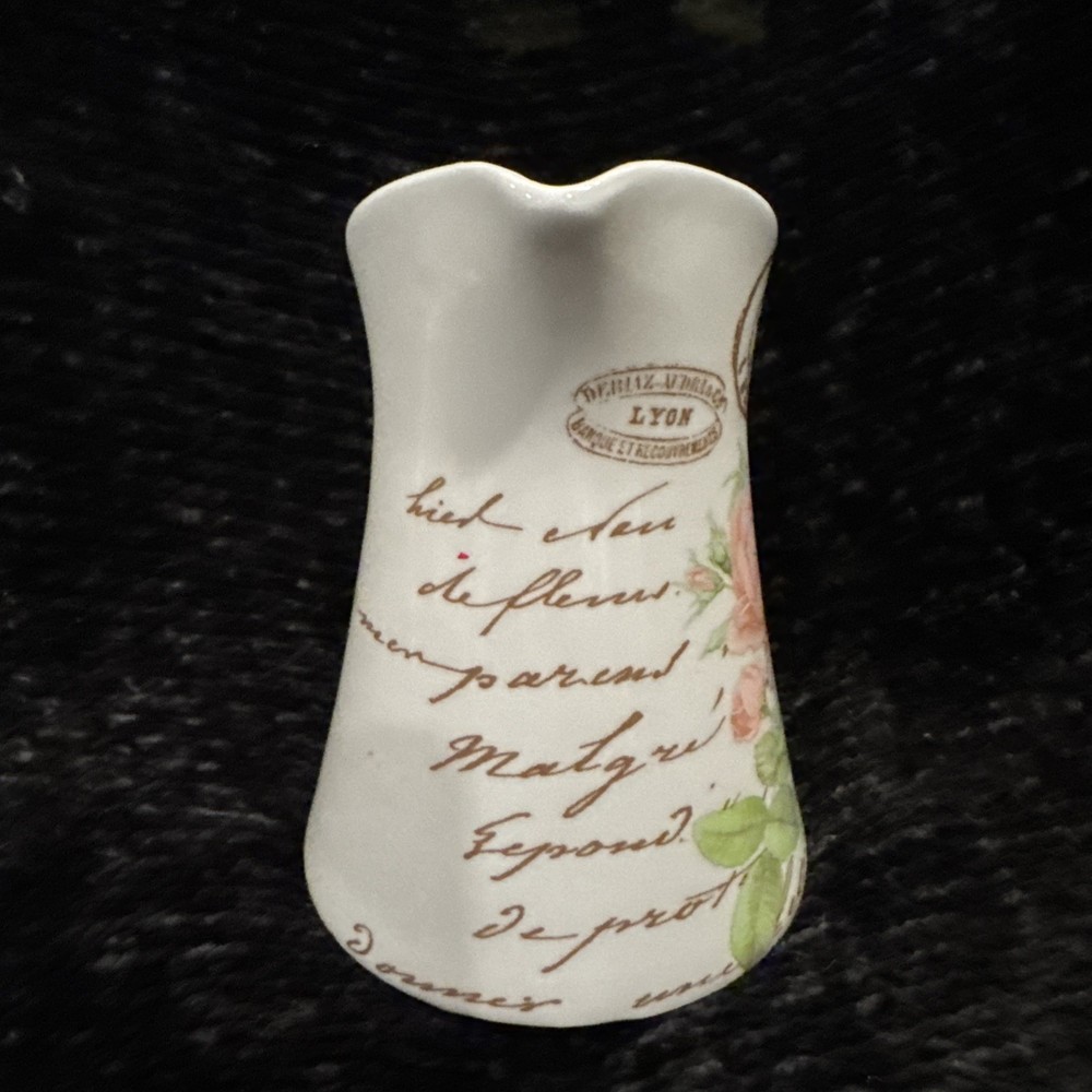 Telaflora White Ceramic Pitcher Flower Vase planter Rose & French Script pattern