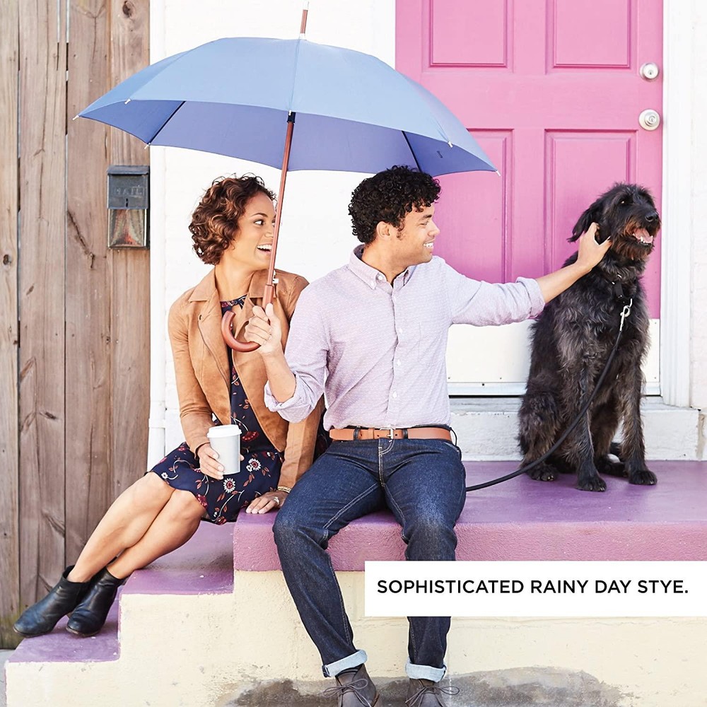 Classic Umbrella Automatic Open Wooden Stick Windproof Folding Rain Black Strong