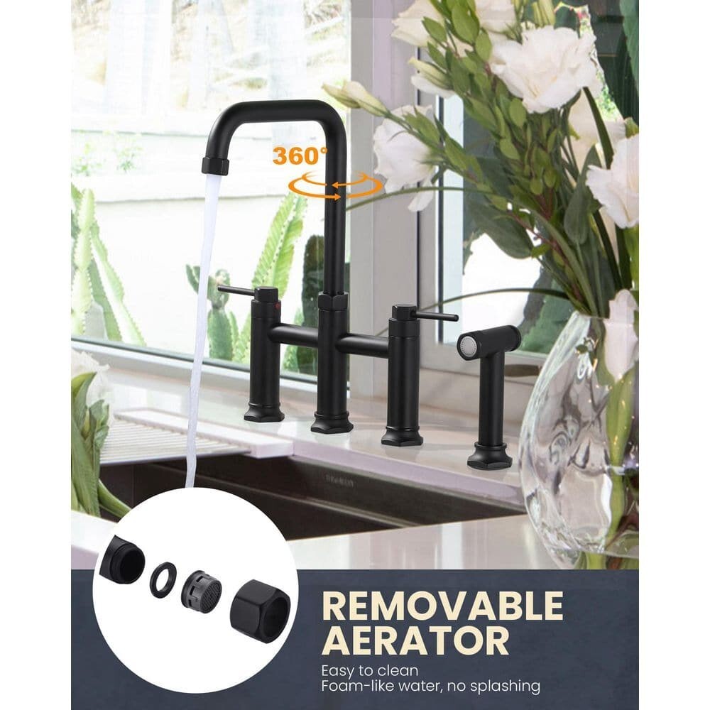 Brass Double Handle Bridge Kitchen Faucet with Side Sprayer