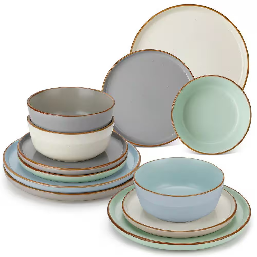 12-Piece Blue Green Beige Gray Stoneware Dinnerware Set Service for 4 Tableware