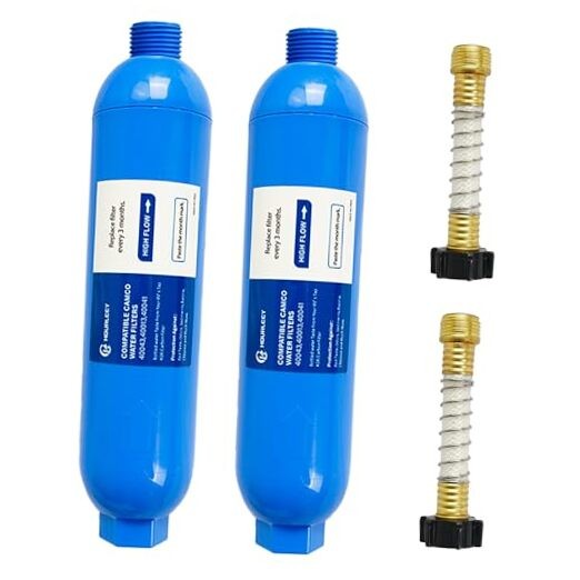 RV Inline Water Filter with 2 Flexible Hose Protector, Reduce Bad 2 Pack