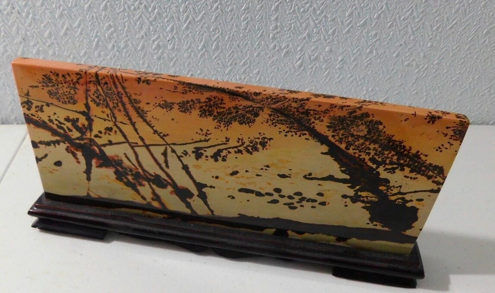 Antique Dendritic Agate Stone. Slab Display with Stand