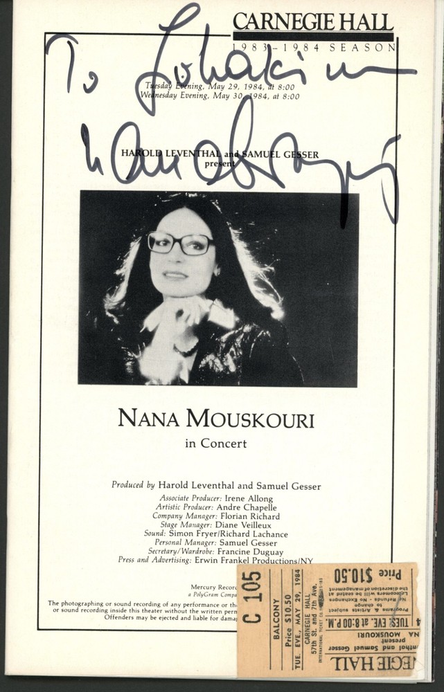 Nana Mouskouri Signed Concert Program