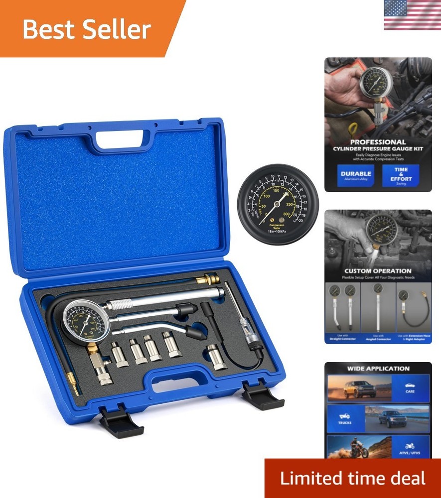 11-Piece Engine Compression Tester Kit with Spark Plug Gauge - Professional Use