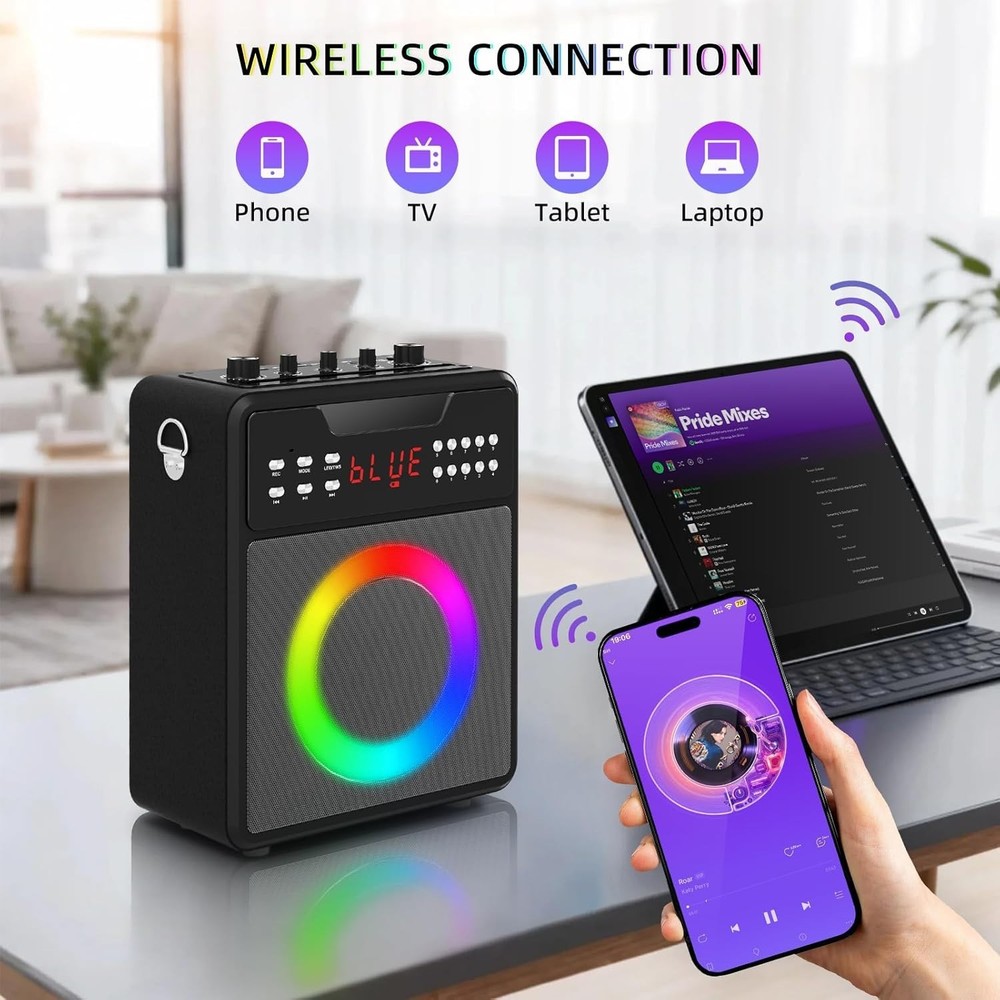 Karaoke Machine with 2 Wireless Microphones,Portable Bluetooth 5.1 Speaker Light