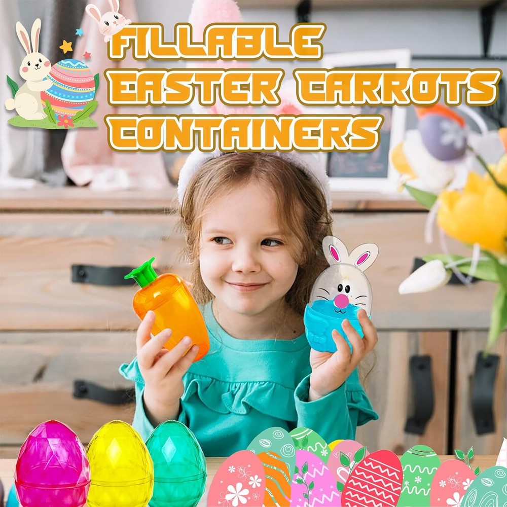 12 Pcs Fillable Easter Eggs Containers,Plastic Carrot Bunny Chick Shaped Easter